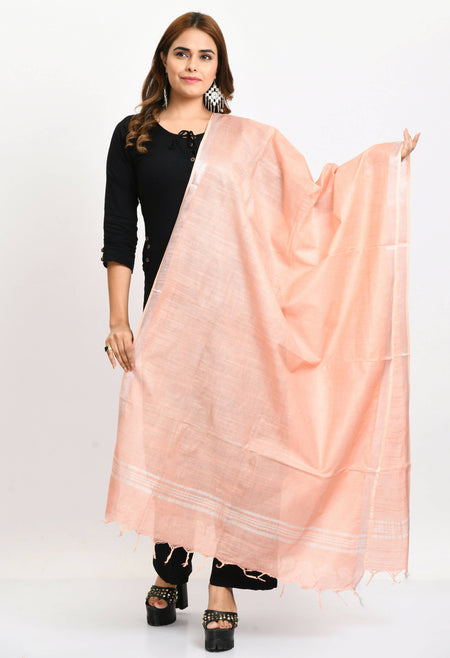 Mominos Fashion Moeza Women's Linen Cotton Silver Border Peach Dupatta