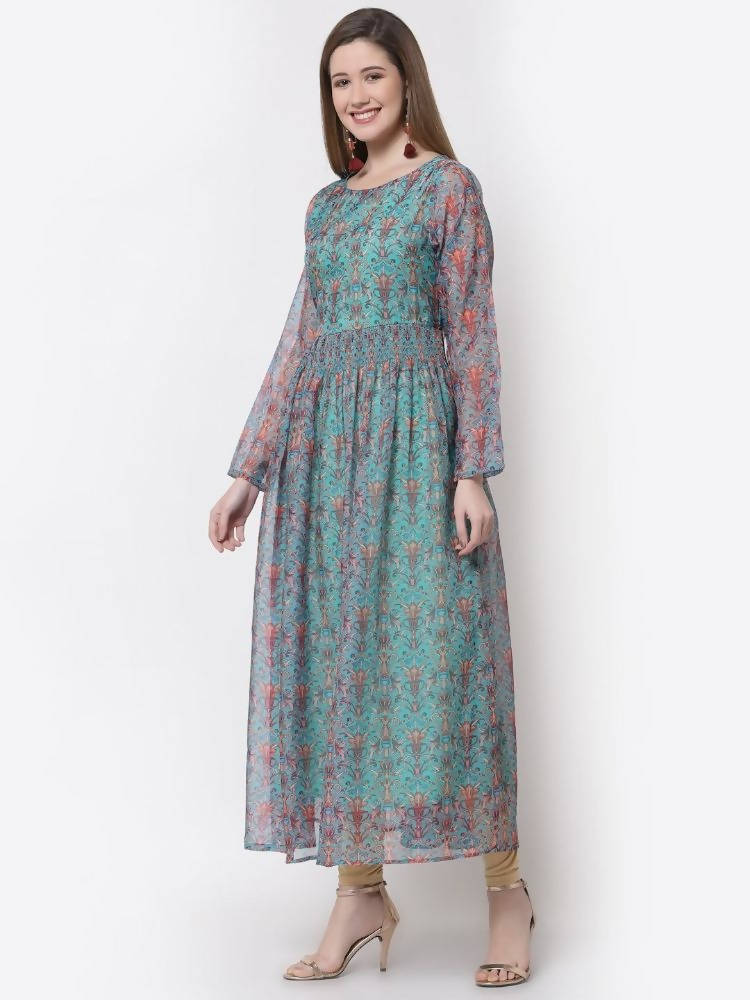 Myshka Blue Color Organza Printed Dress