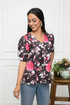 Myshka Women V-Neck Regular Sleeves Viscose Rayon Black Floral Top - Distacart