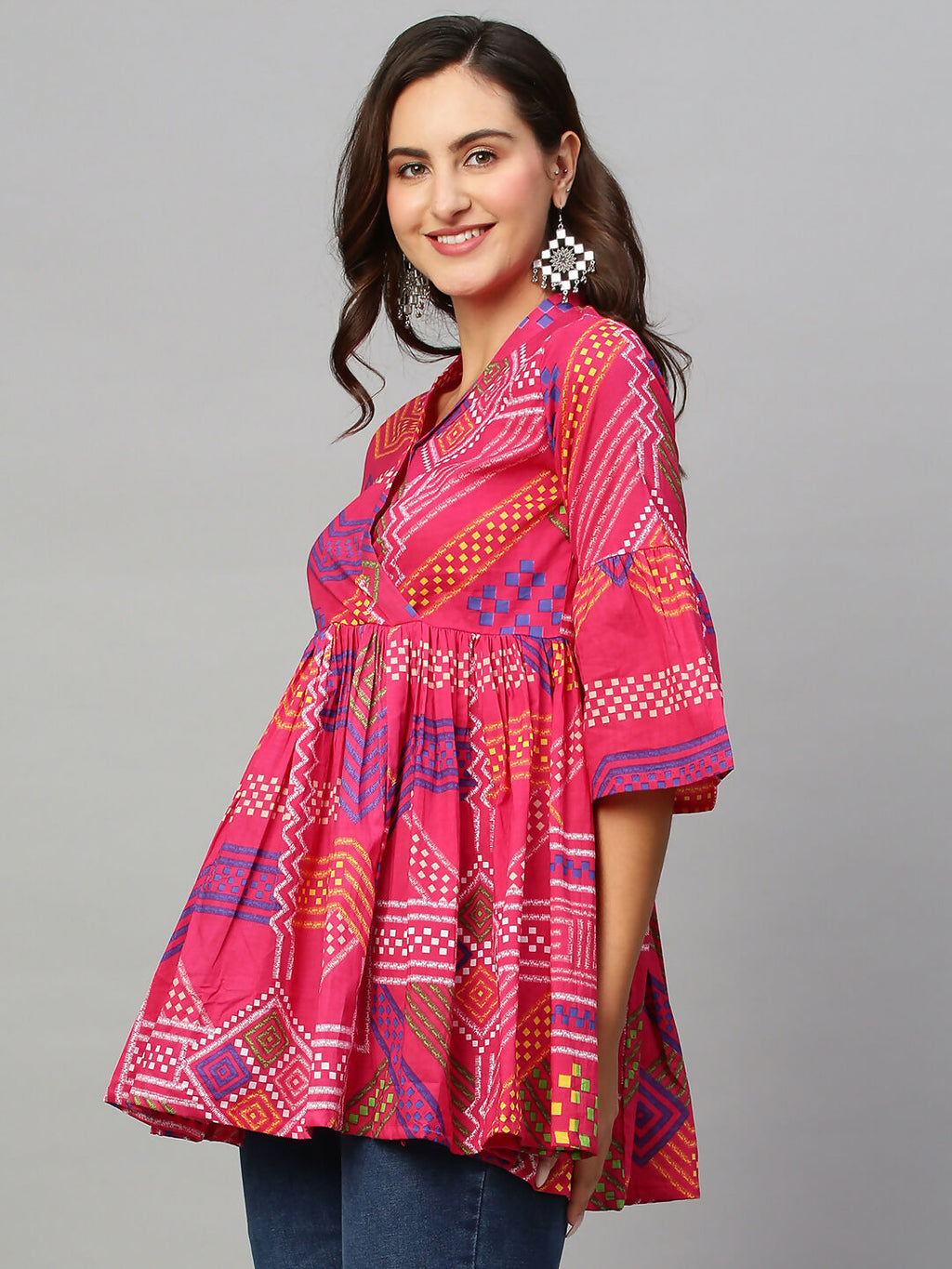 Pink Cotton Geometric Printed A-line Top - Bosky