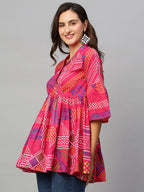 Pink Cotton Geometric Printed A-line Top - Bosky