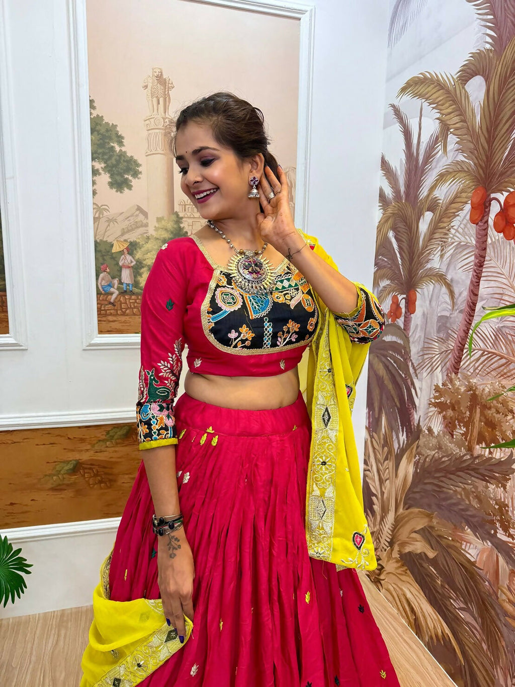Teeya Creation Rani Colour Rayon Silk Embroidery Work Fully Stitched Navratri Lehenga