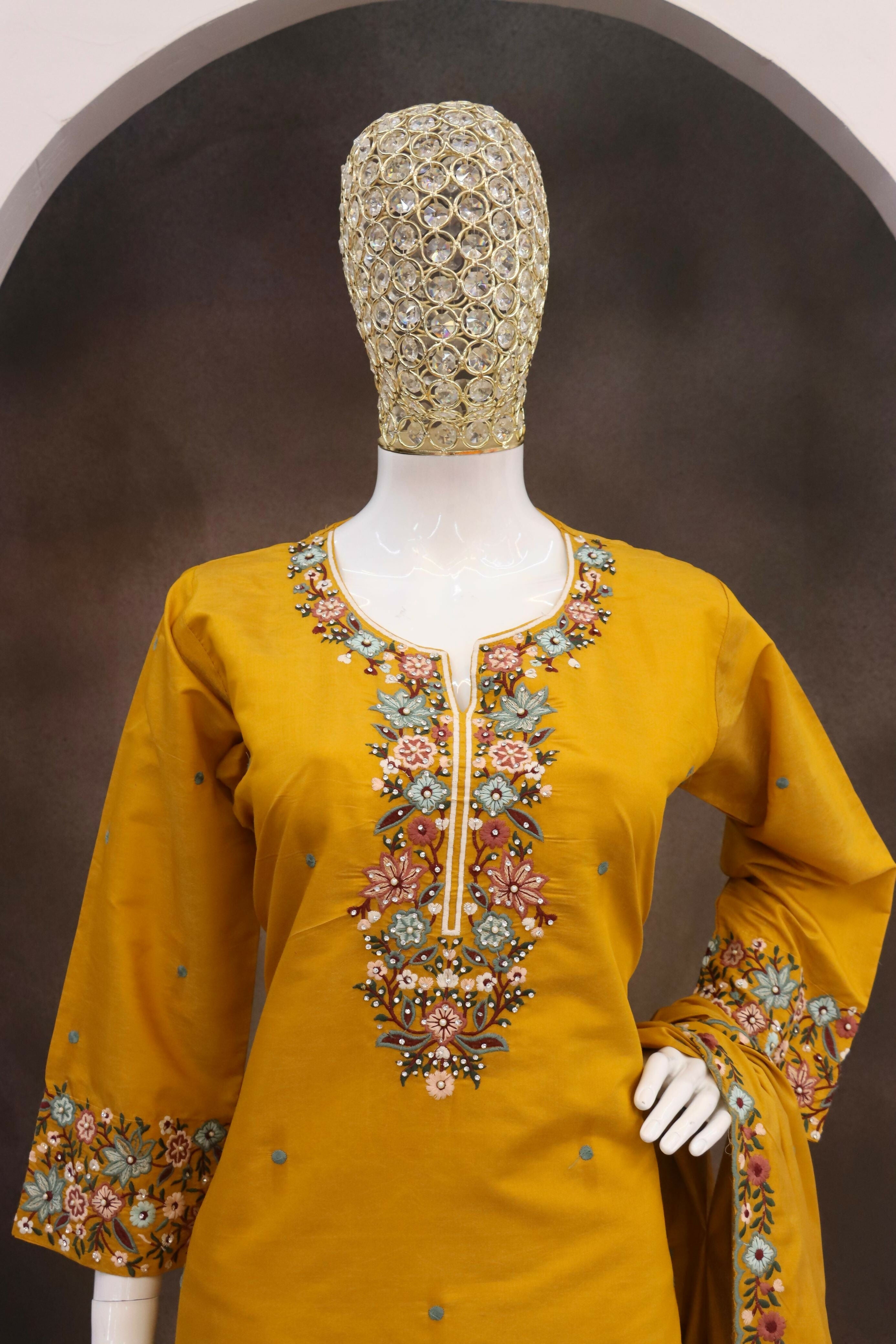 Anaita Mustard Simar with Embroidery Multi & Zarkhan Work Readymade Palazzo suit - Distacart
