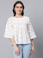Ahalyaa Off White Pure Cotton Floral Printed Tunic - Distacart