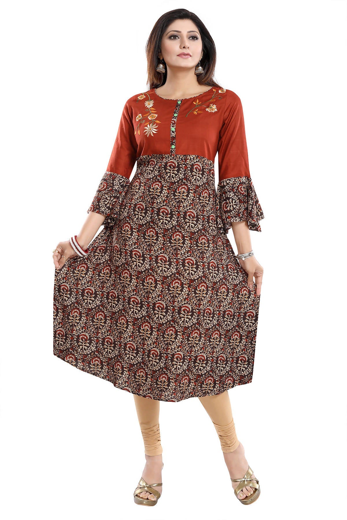 Snehal Creations Rust Rayon Printed Flared Long Tunic - Distacart