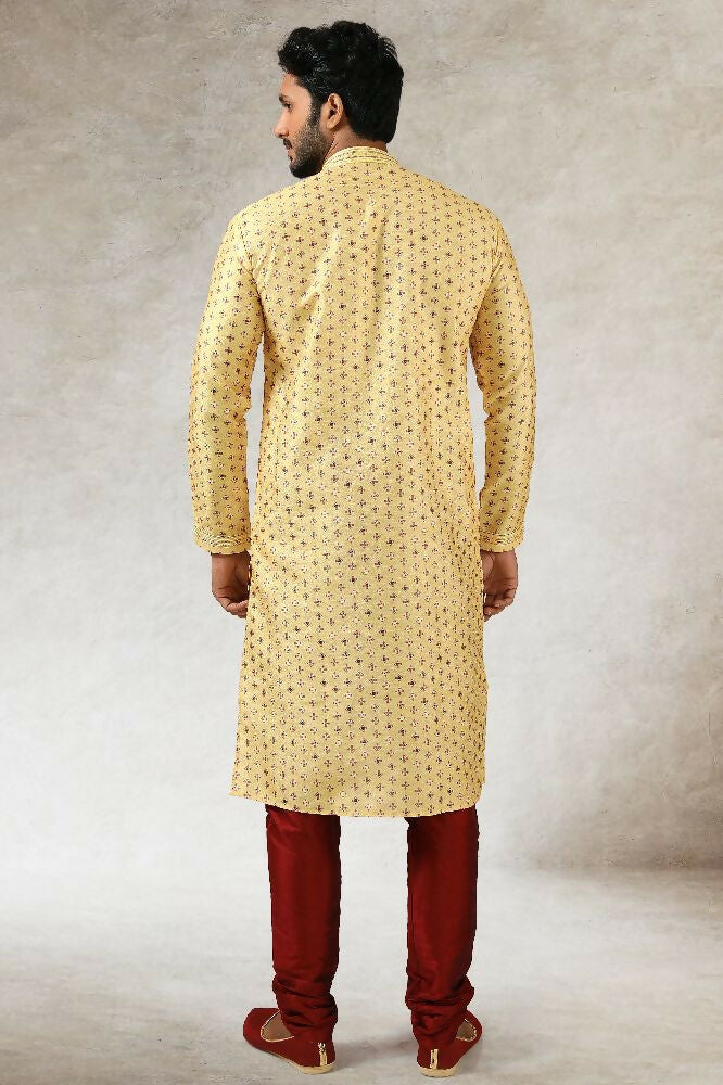 Raivat Ethnic Art Silk Printed Work Kurta Pajama In Yellow Colour