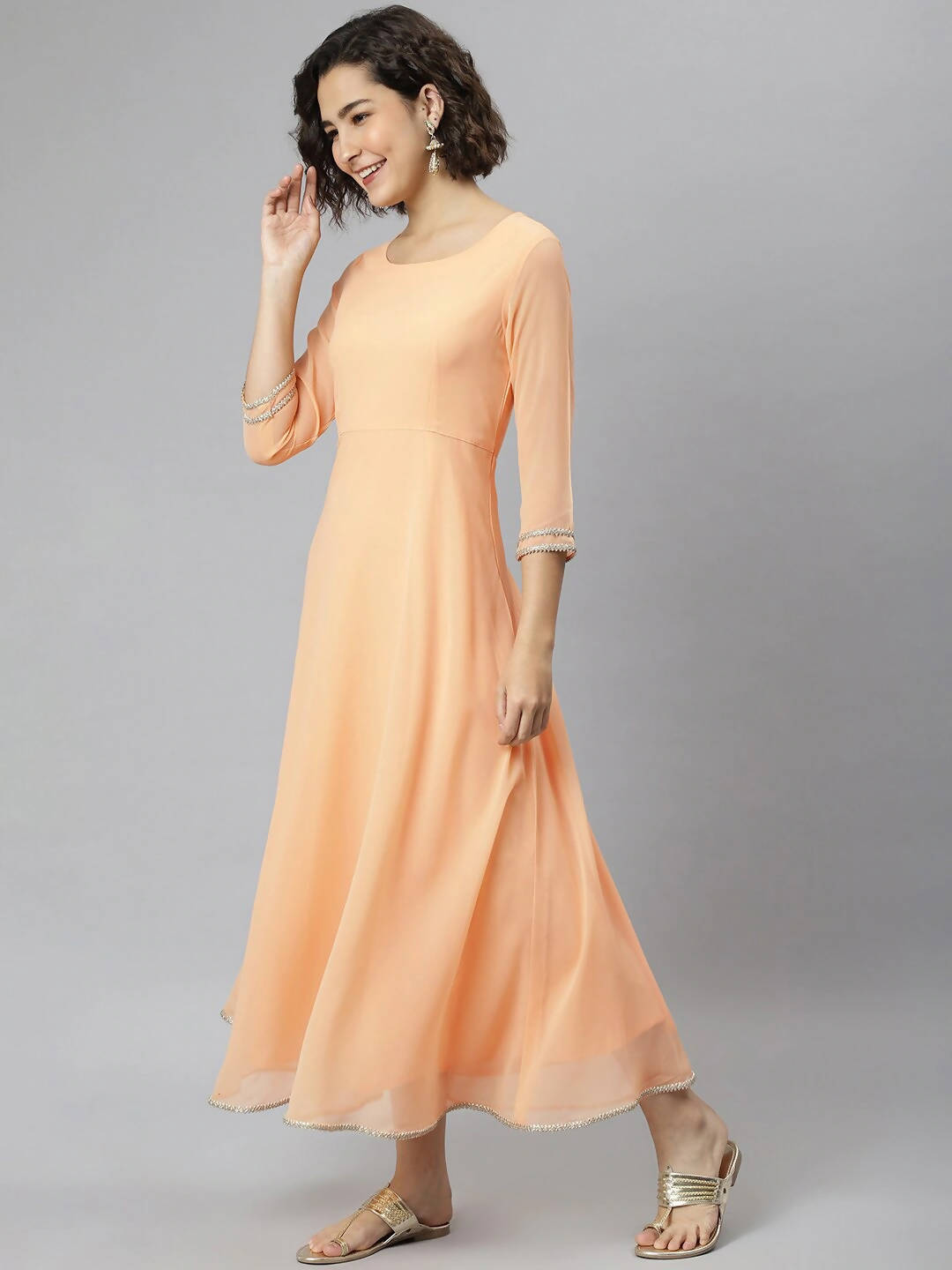 Janasya Peach-Coloured Flared Sleeves Georgette Anarkali Kurta - Distacart