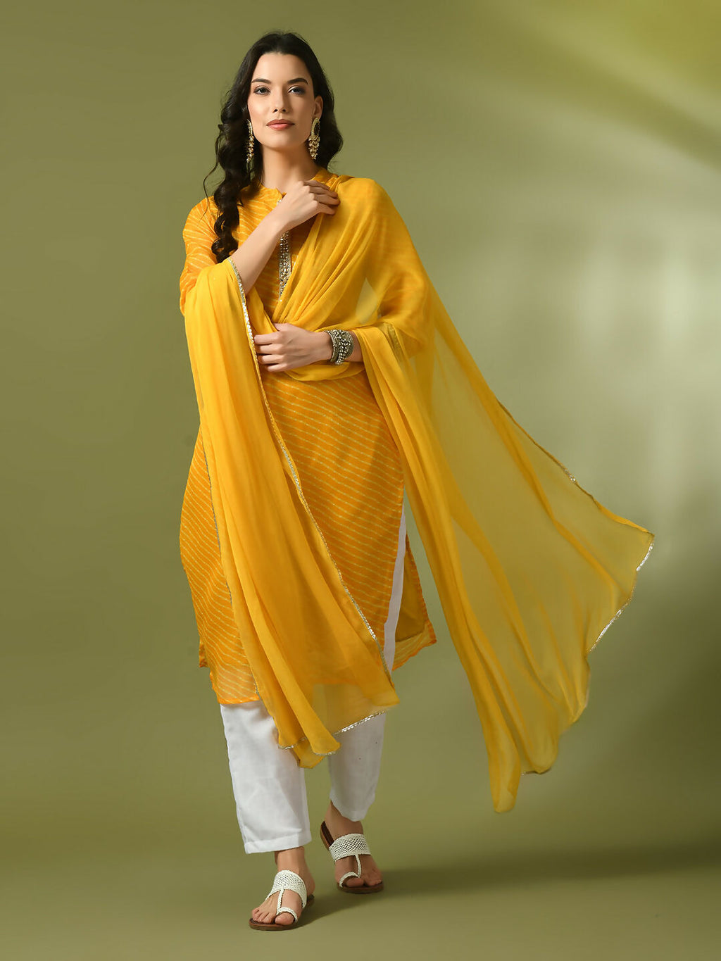 Myshka Women's Yellow Printed Kota Straight Party Kurta Set With Dupatta