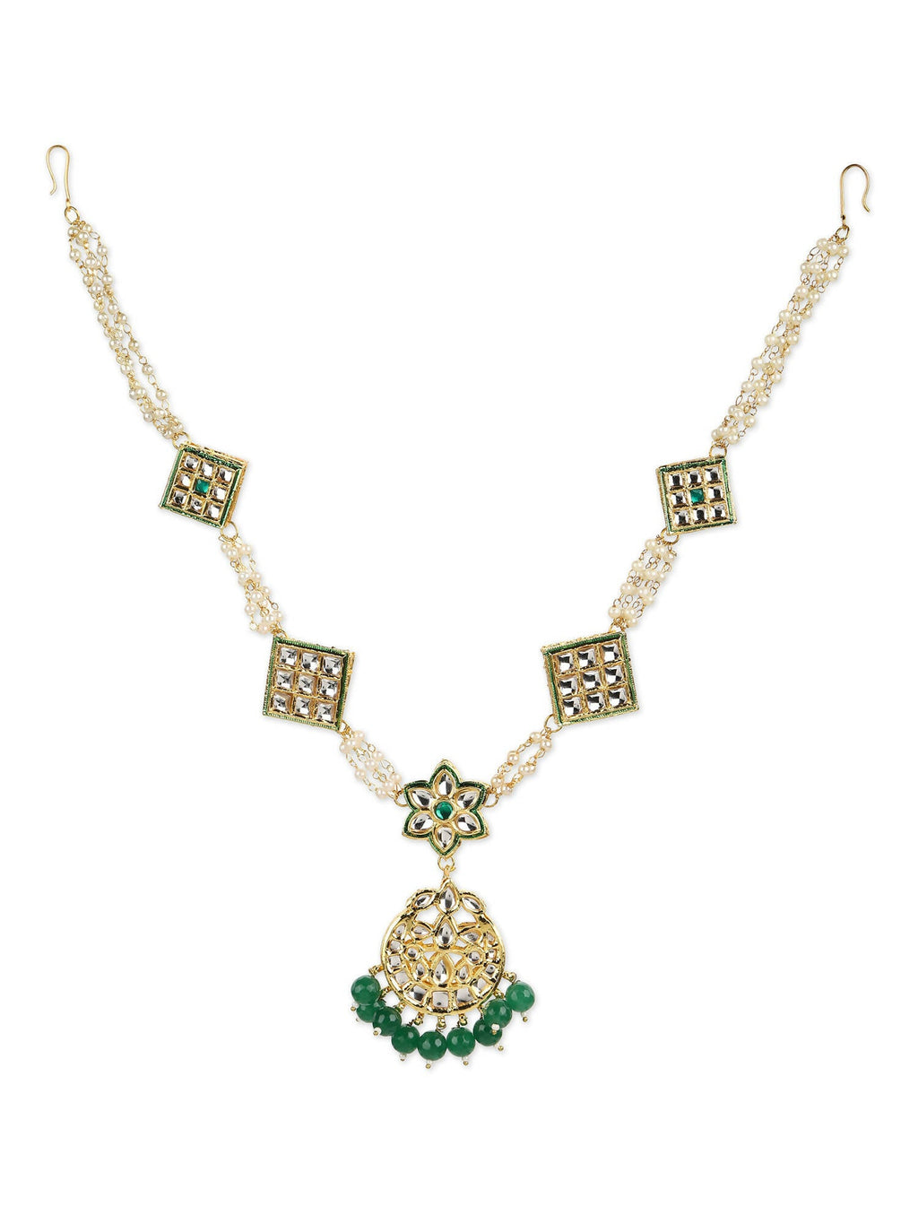 Gold-Plated White Green Kundan-Studded Pearl Beaded Matha Patti - Ruby Raang - Distacart