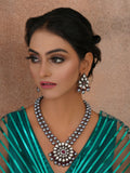 Long Kundan Neckpiece with Earrings with Multi Stones Jewellery Set (Grey) - Ruby Raang