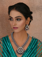 Long Kundan Neckpiece with Earrings with Multi Stones Jewellery Set (Grey) - Ruby Raang