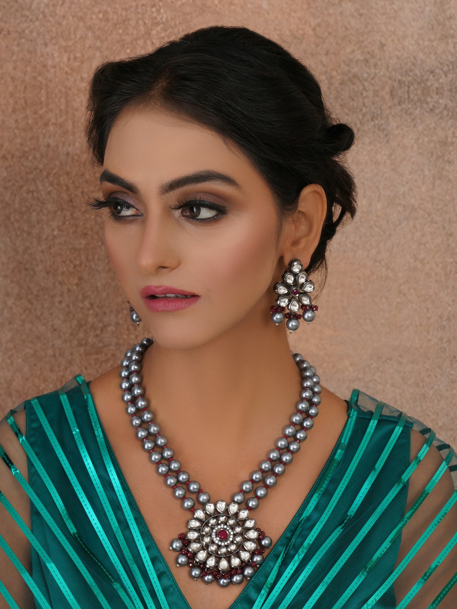 Long Kundan Neckpiece with Earrings with Multi Stones Jewellery Set (Grey) - Ruby Raang