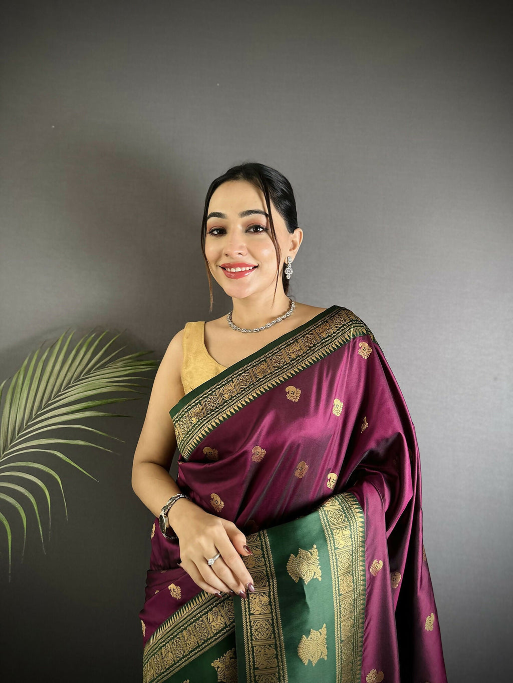 Joban Fashion Wine Banarasi Soft Silk Woven Butti Saree - Distacart