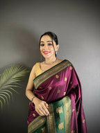 Joban Fashion Wine Banarasi Soft Silk Woven Butti Saree - Distacart