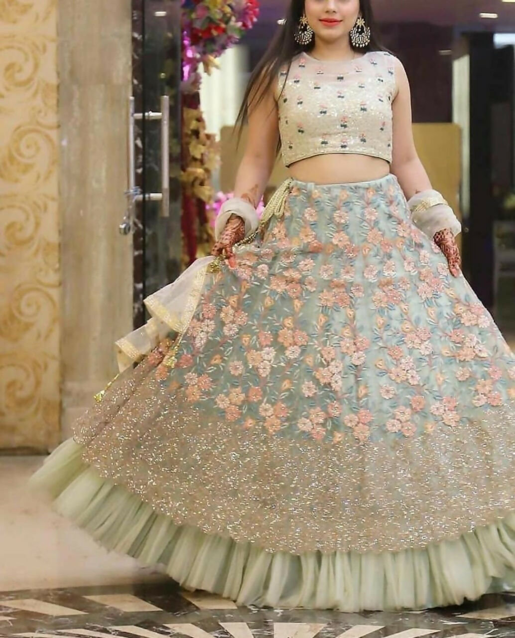Jyoti Fashion Sea Green 3mm with Thread and Jari Embroidery Net Lehenga Choli with Dupatta