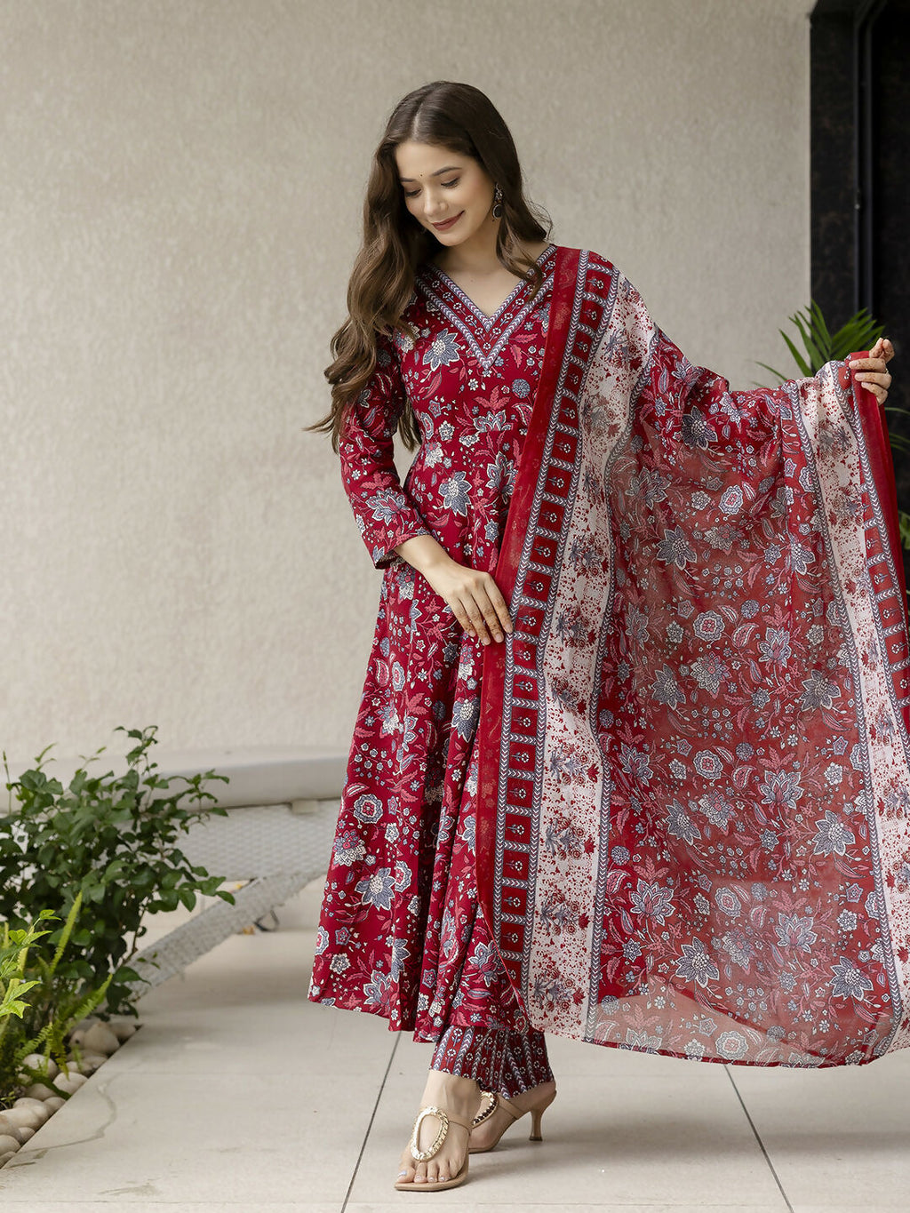 The52 Maroon Women's Gorgeous Rayon Fabric Printed Work Flared Kurta, Pant and Dupatta Set - Distacart