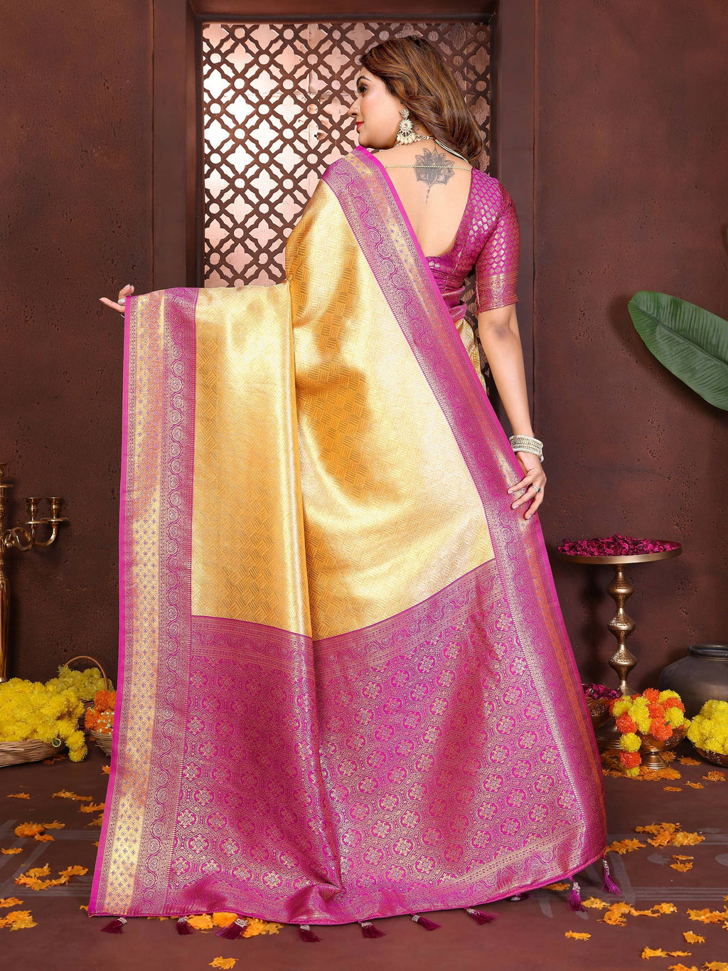 Aastha Fashion Cream Tissue Silk Woven Saree - Distacart