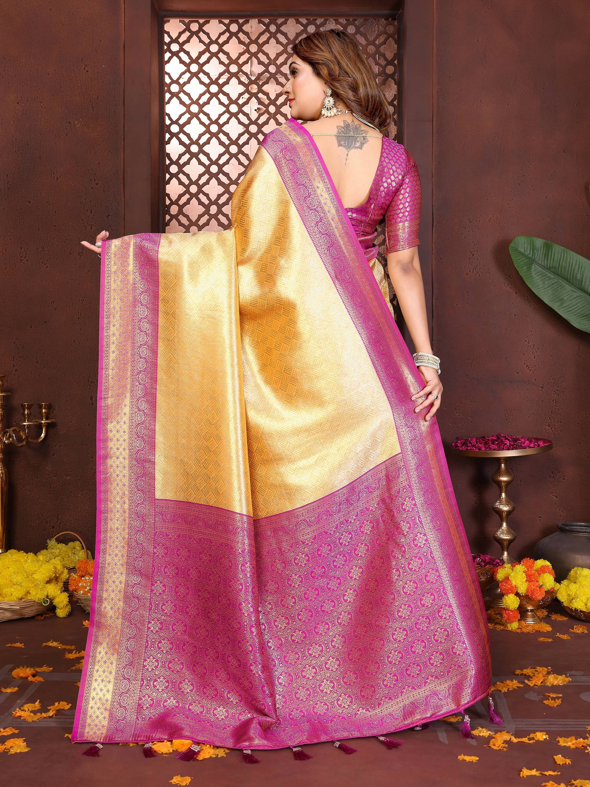 Aastha Fashion Cream Tissue Silk Woven Saree - Distacart