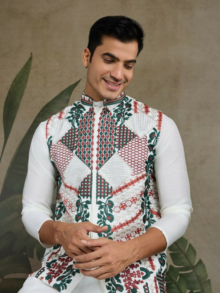 Vastranavya White Exclusive Festival Viscose Silk Thread & Swarovski Embroidered Work Mens Wear Kurta & Koti