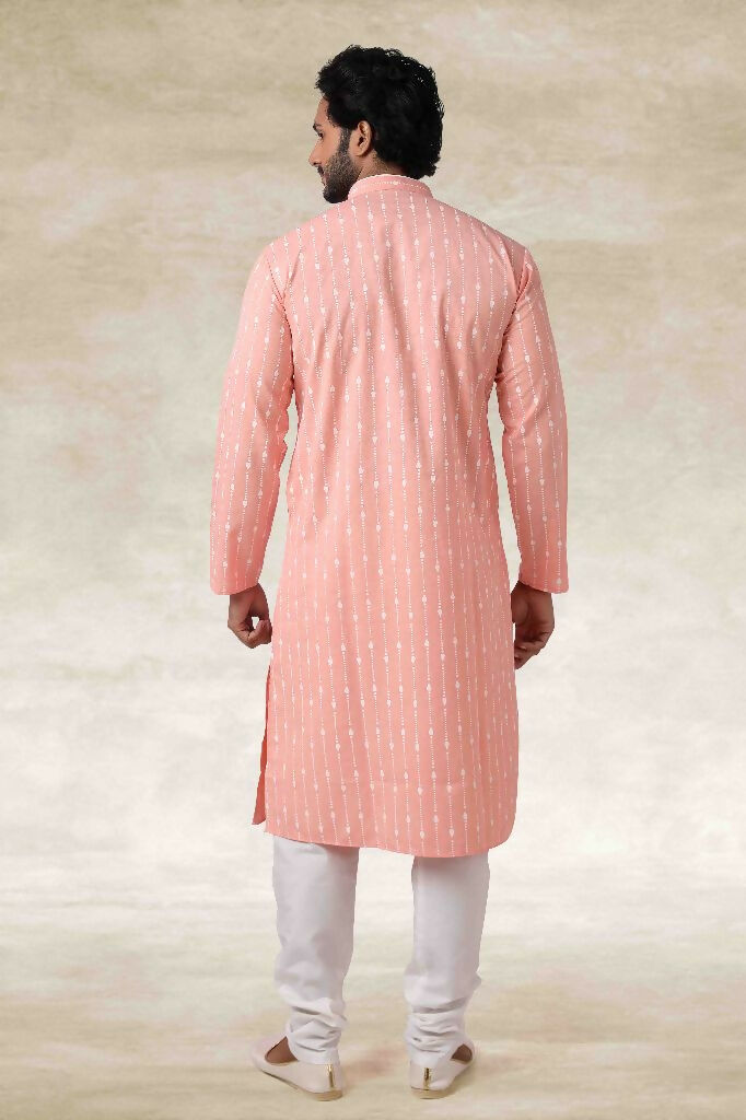 Raivat Ethnic Cotton Printed Work Kurta Pajama In Pink Colour