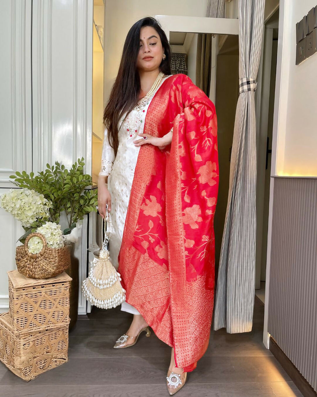 The52 White Women's Beautiful Chanderi Jacquard Fabric Embroidered Work Straight Kurta Pant and Dupatta Set - Distacart