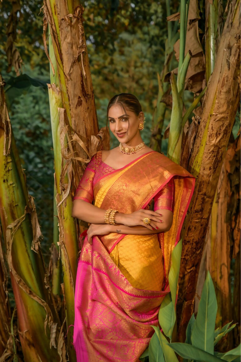 Jyoti Fashion Women's Yellow Kanjivaram Silk Zari Woven Saree with Blouse