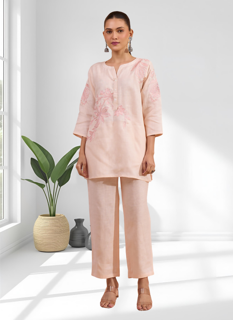 Joban Fashion Pink Linen Embroidered Readymade Cord Set - Distacart