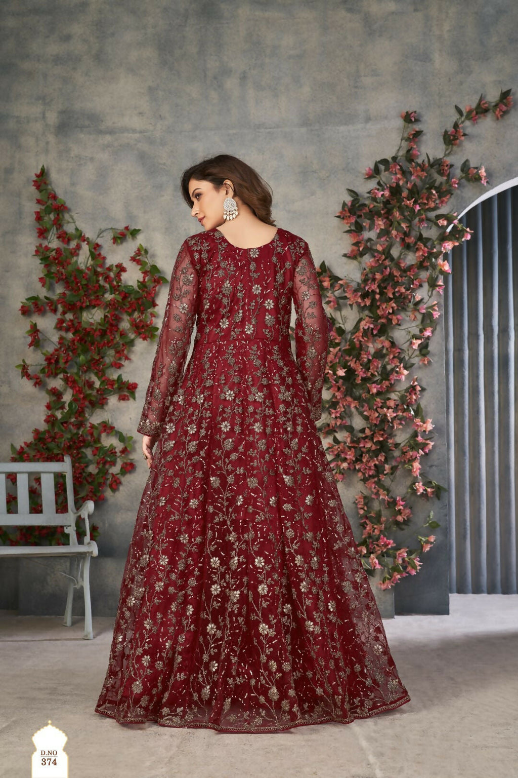 Anaita Maroon Embroidered Net Stitched Anarkali suit - Distacart