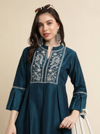 Teal Chinon Floral Embroidered Top with Bottom - Maanushi