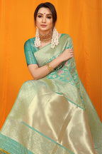 Jyoti Fashion Women's Sea Green Kanjivaram Silk Zari Woven Saree with Blouse - Distacart