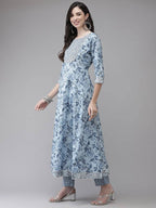 Yufta Women Blue Floral Printed Regular Pure Cotton Kurta with Trouser With Dupatta