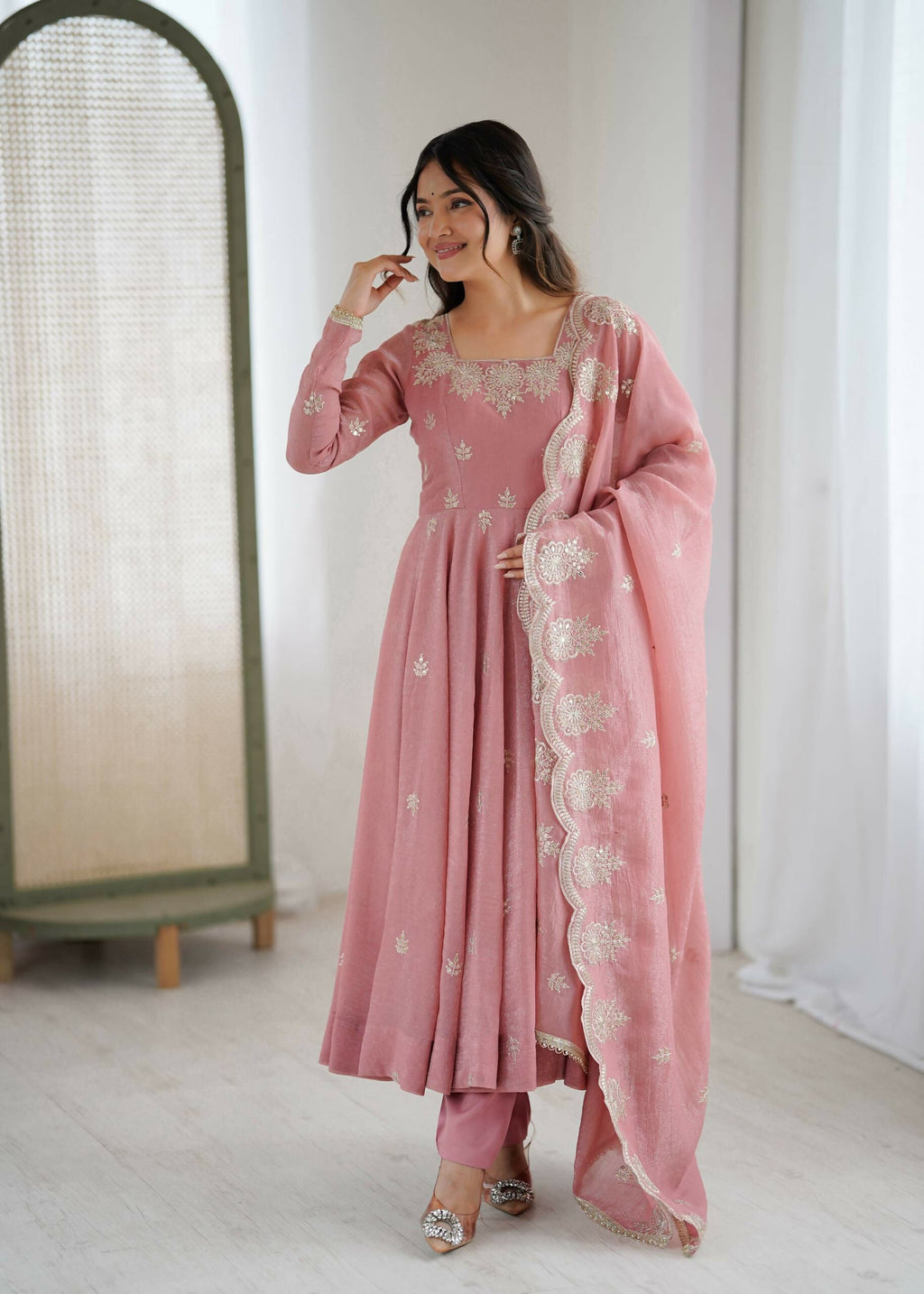 Teeya Creation Peach Color Crunchy Silk Embroidery Work Wedding Wear Gown - Distacart
