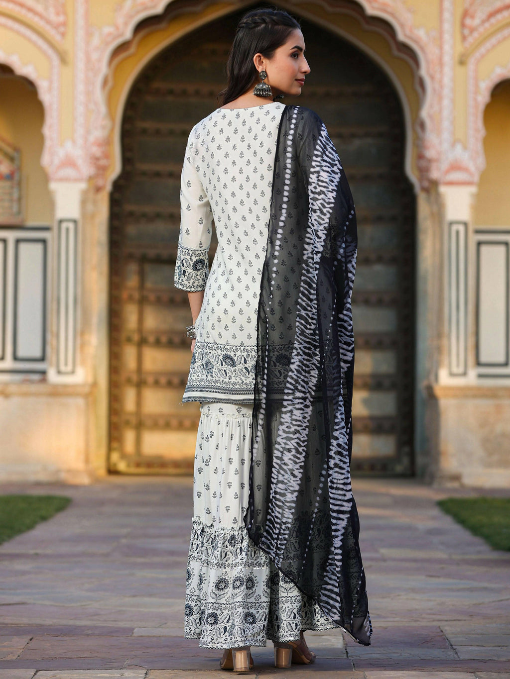 Juniper Women's Off White Rayon Floral Placement Kurta With Sharara And Dupatta Set - Distacart