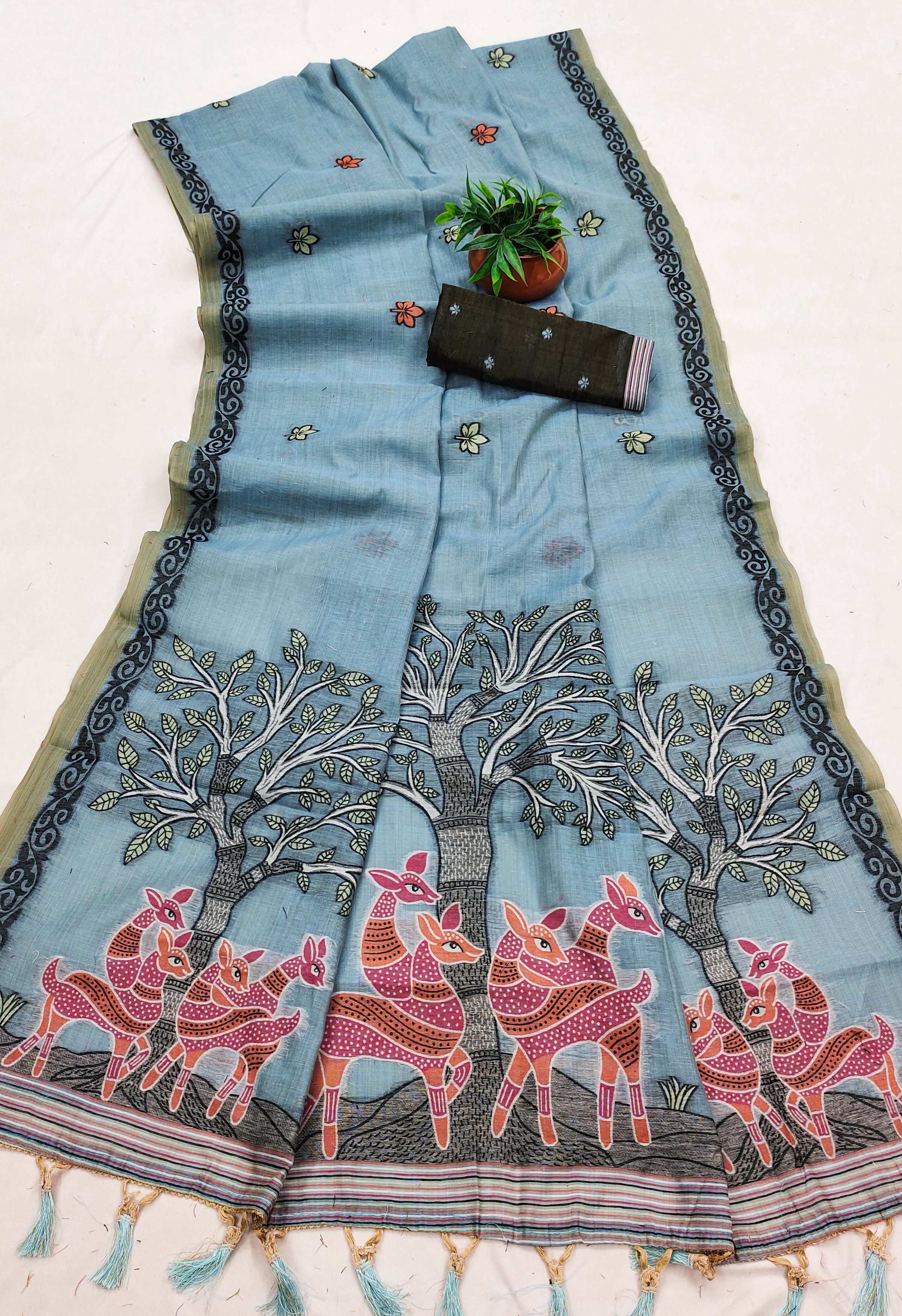 Vastranavya Sky Blue Muga Cotton Meenakari & Azarakh Pallu Saree with Contrast Blouse - Distacart