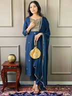Partywear Designer Rayon Slub Blue Stitched Suit With Dupatta - Tanisha
