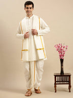 Ramraj Cotton Premium Wedding Cream Readymade Panchakacham,Kurta & Towel Set RP Jari