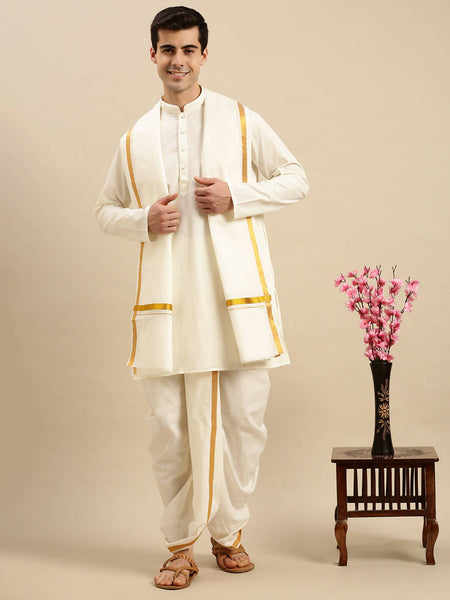 Ramraj Cotton Premium Wedding Cream Readymade Panchakacham,Kurta & Towel Set RP Jari