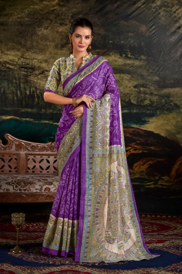 Vastranavya Purple Silk Madhubani & Bandhej Fusion Print Saree with Unstitched Blouse