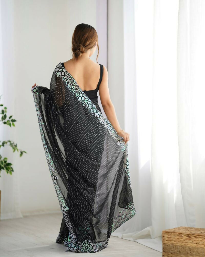 Georgette Designer Sequance Embroidery Work Party Wear Saree - Black