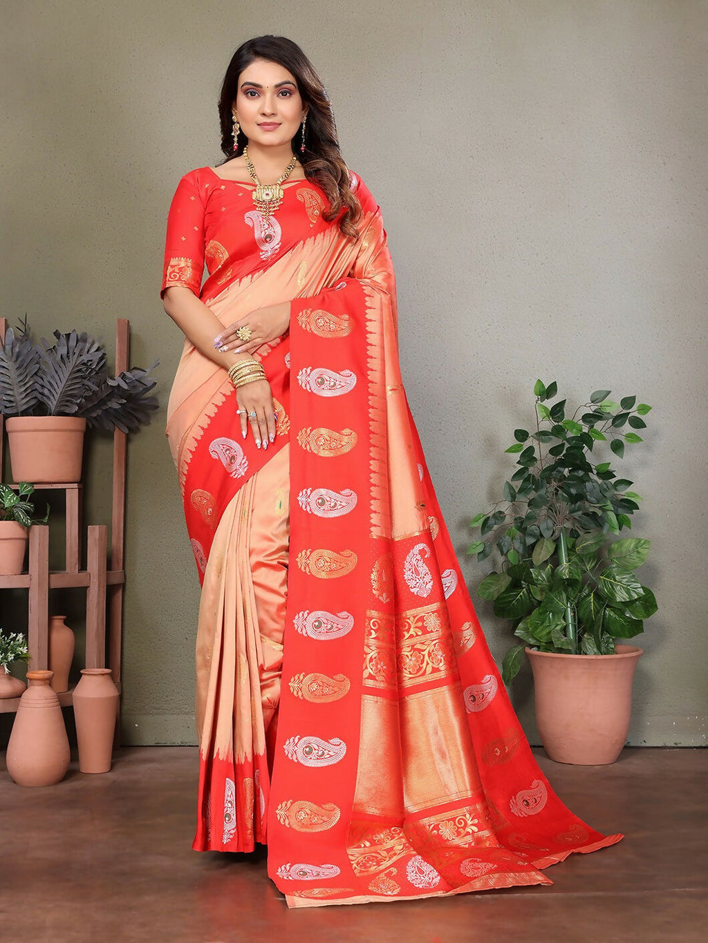 Joban Fashion Banarasi Peach Butti Soft Silk Saree - Distacart