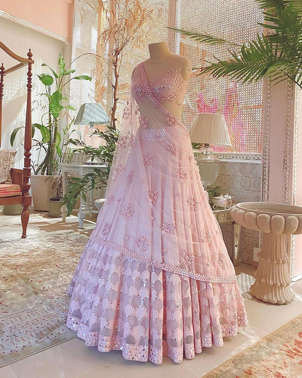 Jyoti Fashion Dreamy Baby Pink Silk Thread with Paper Mirror & Cut work Lehenga Choli with Dupatta