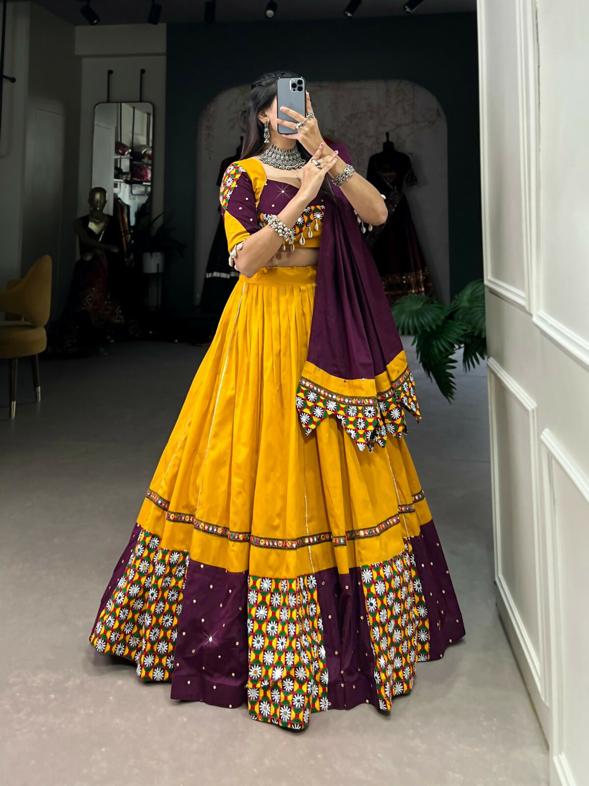 Vastranavya Navaratri Special Pure Cotton Paper Mirror Handwork With Gamthi Work With Gota Patti Touch Up Lehenga with Stitched Blouse - Mustard