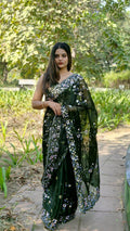 Teeya Creation Green Color Burberry Silk Embroidery Work Saree