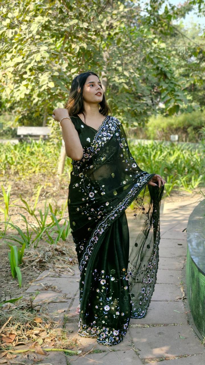 Teeya Creation Green Color Burberry Silk Embroidery Work Saree