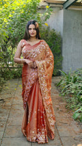Teeya Creation Peach Color Burberry Silk Embroidery Work Saree