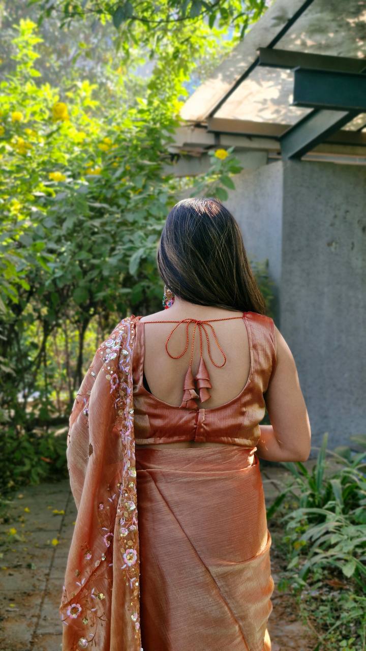 Teeya Creation Peach Color Burberry Silk Embroidery Work Saree