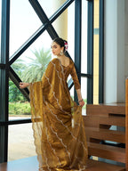 Teeya Creation Gold Color Zimichu Silk Embroidery Work Saree
