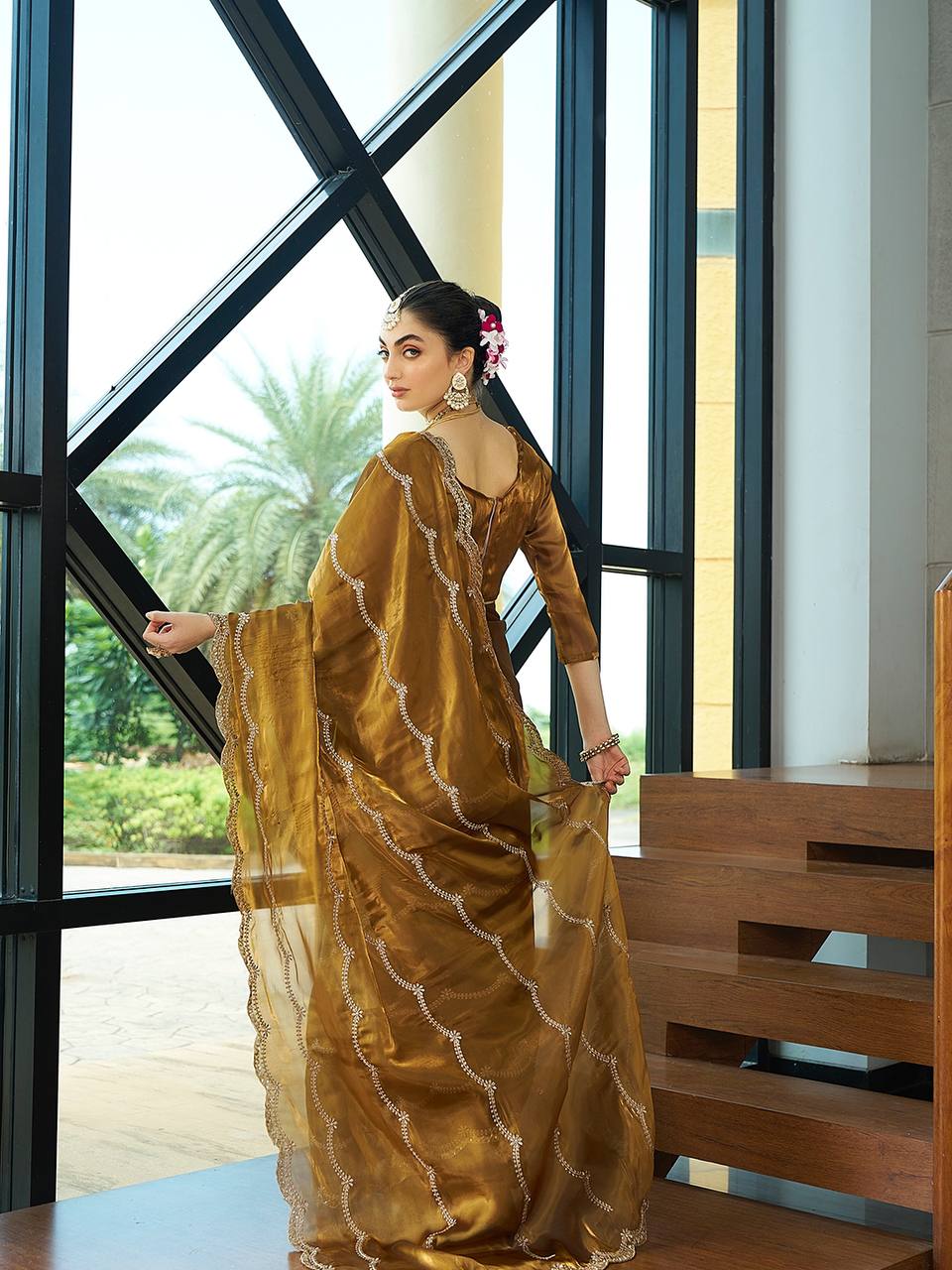 Teeya Creation Gold Color Zimichu Silk Embroidery Work Saree