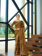 Teeya Creation Gold Color Zimichu Silk Embroidery Work Saree