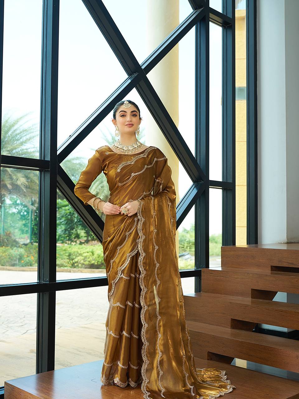 Teeya Creation Gold Color Zimichu Silk Embroidery Work Saree